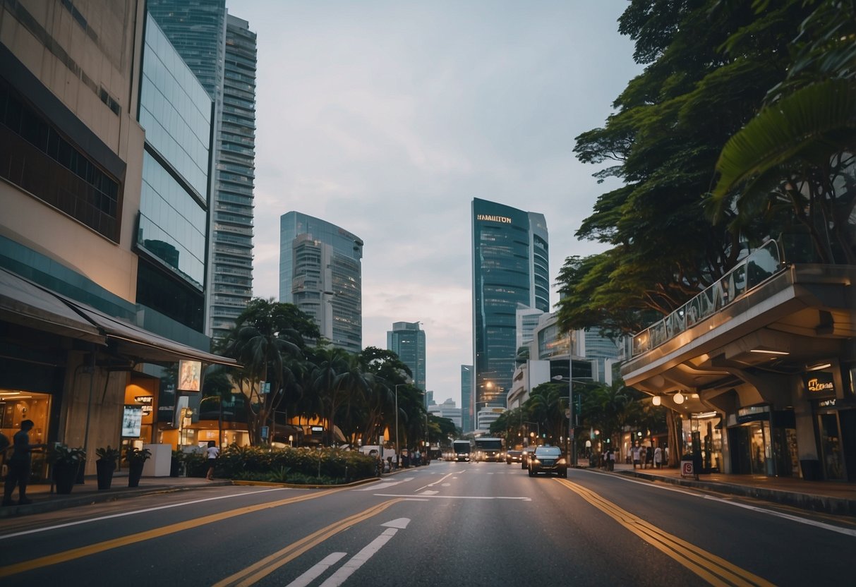 A bustling cityscape with iconic landmarks and vibrant street scenes captures the artistic journey of Hamilton in Singapore