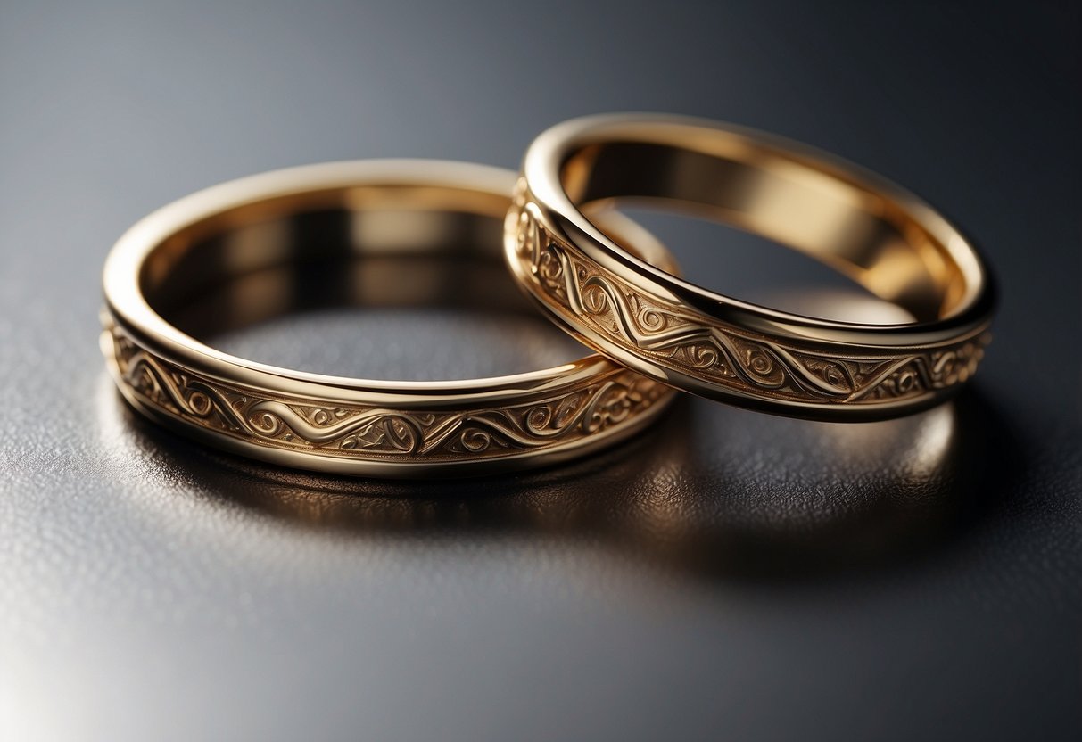 Two interlocking rings resting on a smooth surface, casting a soft shadow. The rings are engraved with intricate patterns, symbolizing unity and commitment