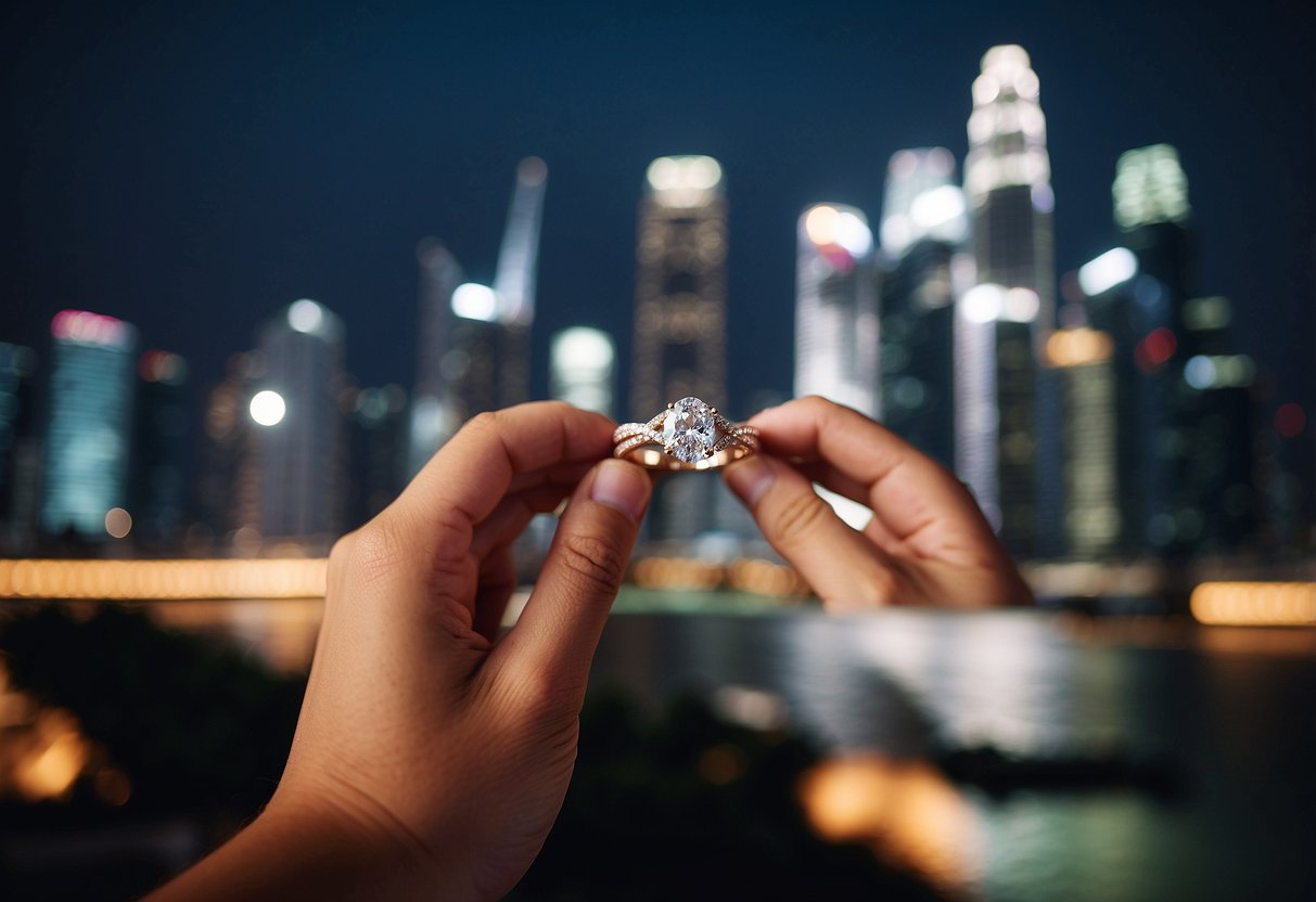 Two hands holding a pair of intertwined rings, one with a small diamond, against a backdrop of the Singapore skyline
