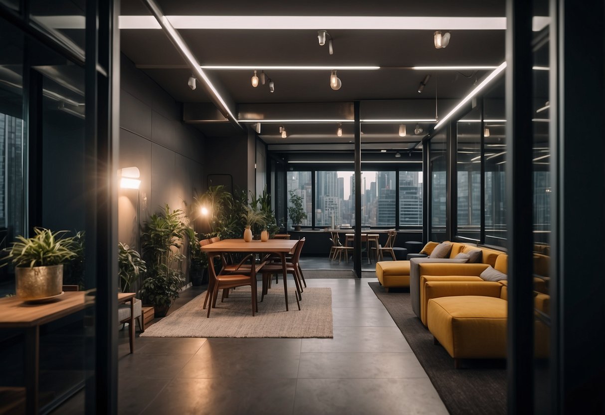 The studio is accessible, with wide doors and ramps. It is located in a bustling city, surrounded by tall buildings and bustling streets