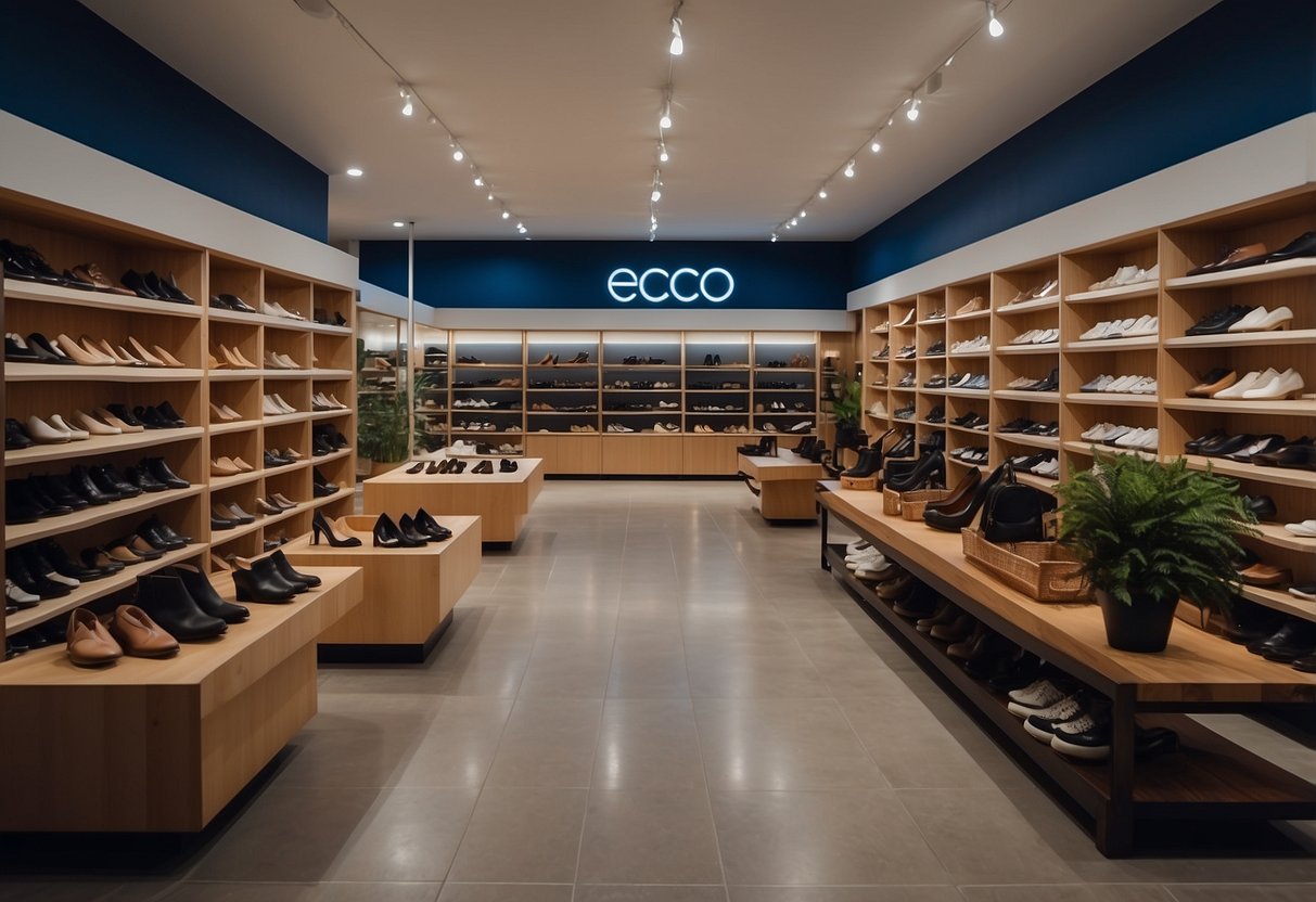 Customers browsing shoes, shelves neatly arranged, soft lighting, and Ecco logo visible. Staff assisting at the counter, serene atmosphere
