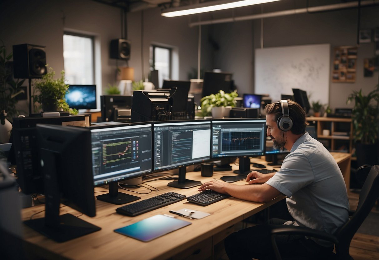 A bustling studio with people interacting, computers, and art supplies scattered around. The atmosphere is creative and energetic