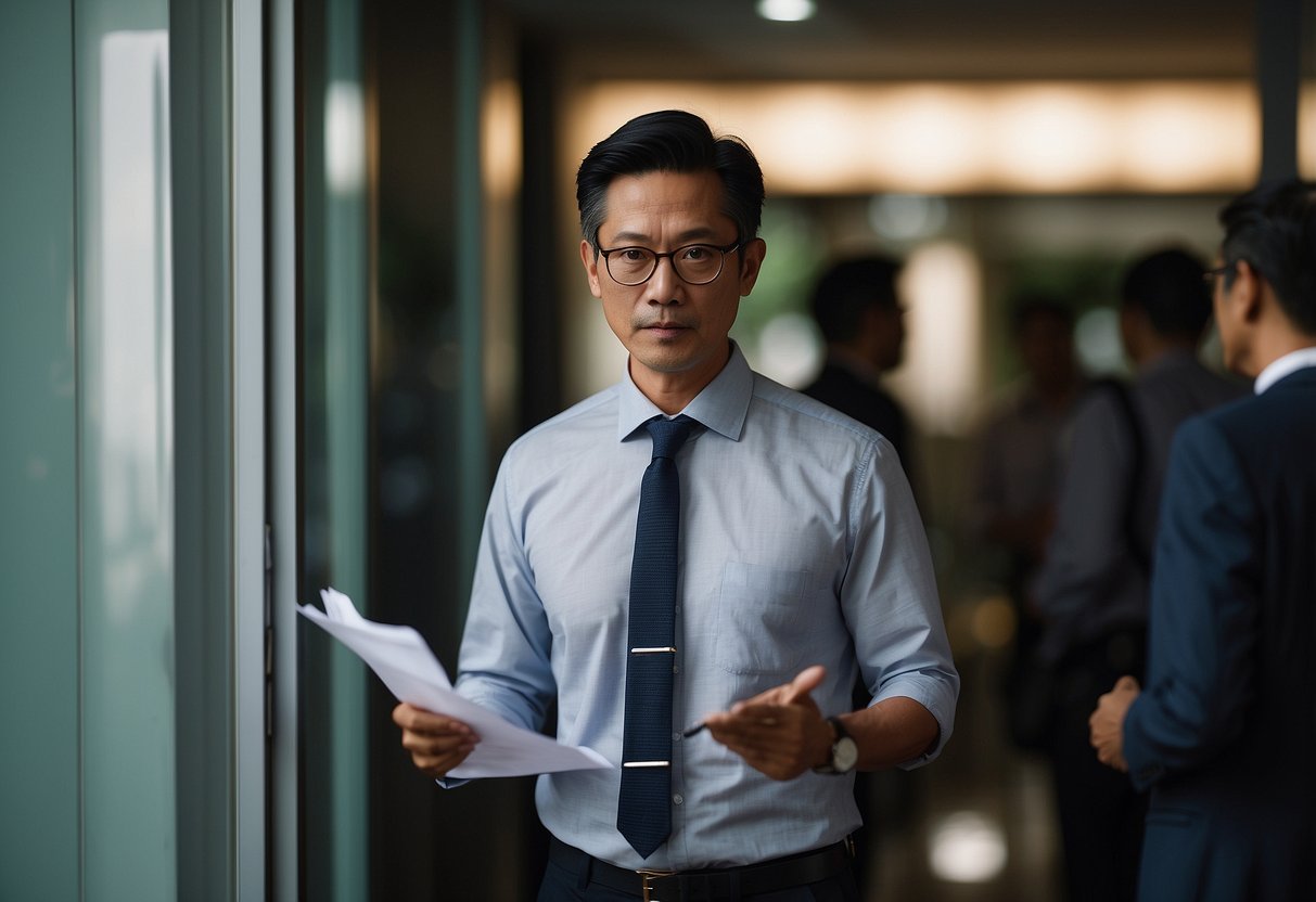 A debt collector in Singapore knocks on a door, holding a stack of papers and a pen, with a determined look on their face