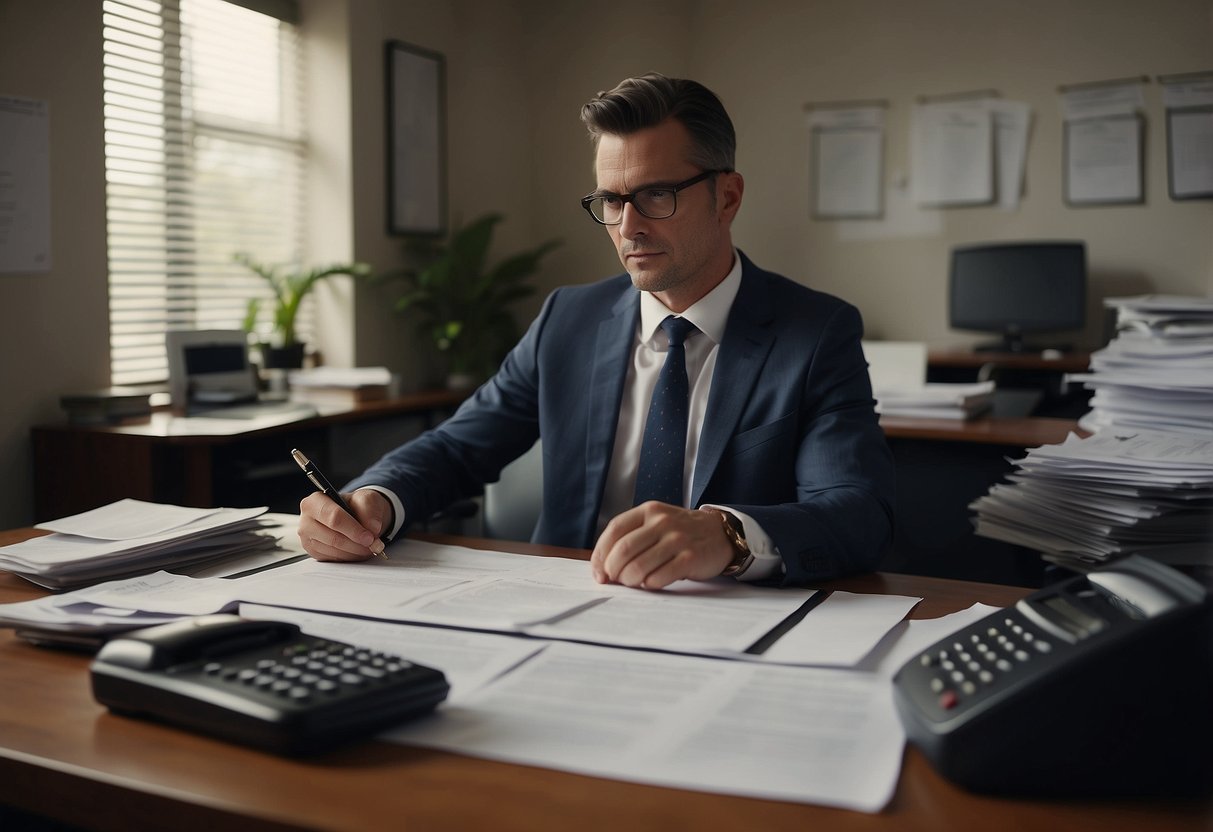 A debt collector reviews legal documents in an office, with a computer and phone nearby. The room is tidy and professional, with a sense of determination in the air
