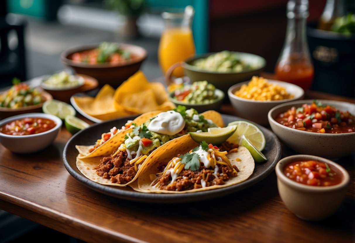 A colorful spread of Mexican food on a table in a vibrant restaurant in Singapore. The table is adorned with tacos, enchiladas, guacamole, and salsa, while the background showcases the lively atmosphere of the bustling eatery