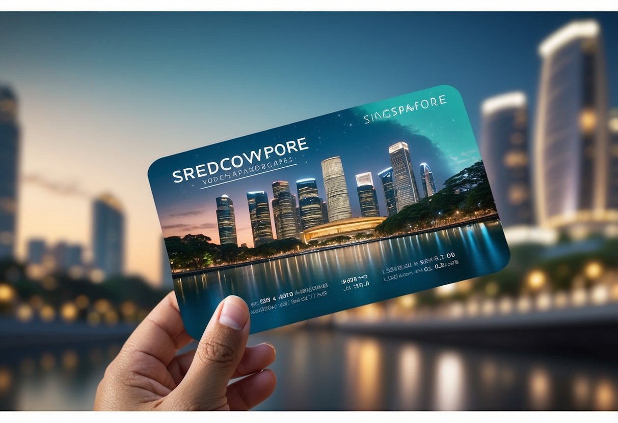 A hand holding a rediscover Singapore voucher against a backdrop of iconic Singapore landmarks