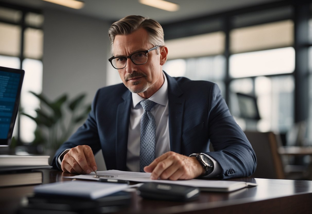 A debt collector confidently communicates with a debtor, maintaining professionalism and respect. The collector uses clear and concise language to convey information and offer solutions