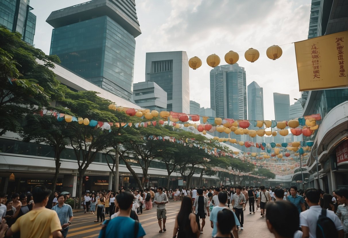 A bustling street with colorful banners and a diverse crowd exploring Singapore's iconic landmarks and attractions