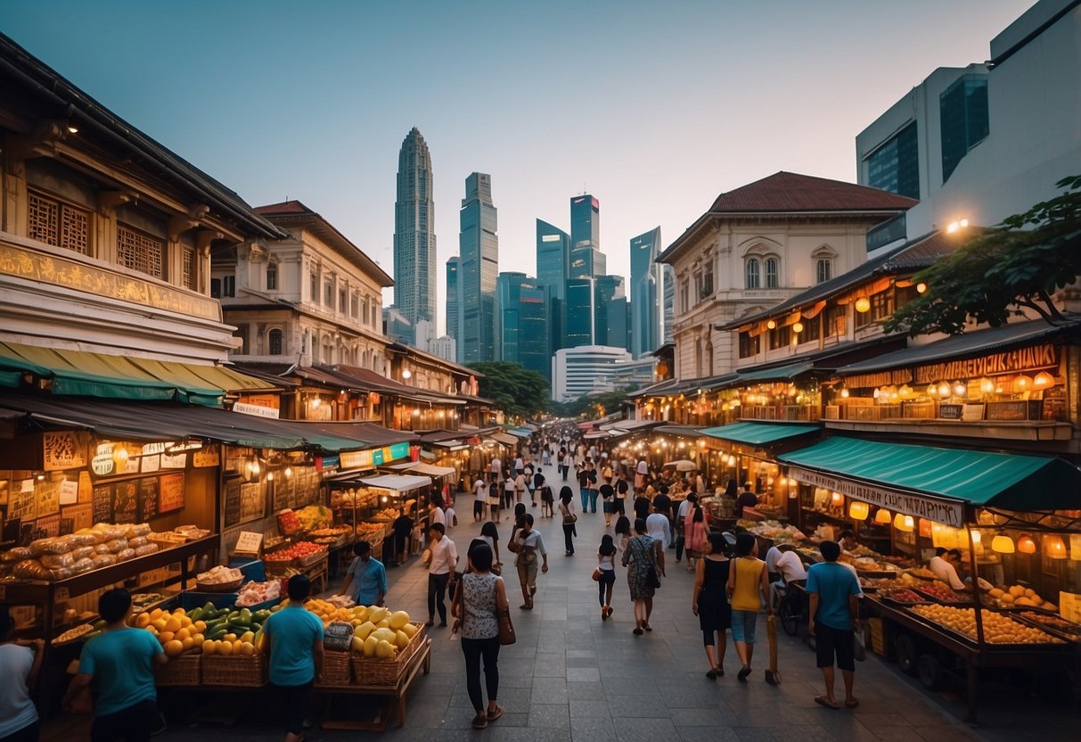 A vibrant cityscape with iconic landmarks and colorful street markets, showcasing the diverse experiences and attractions available with the Rediscover Singapore Voucher