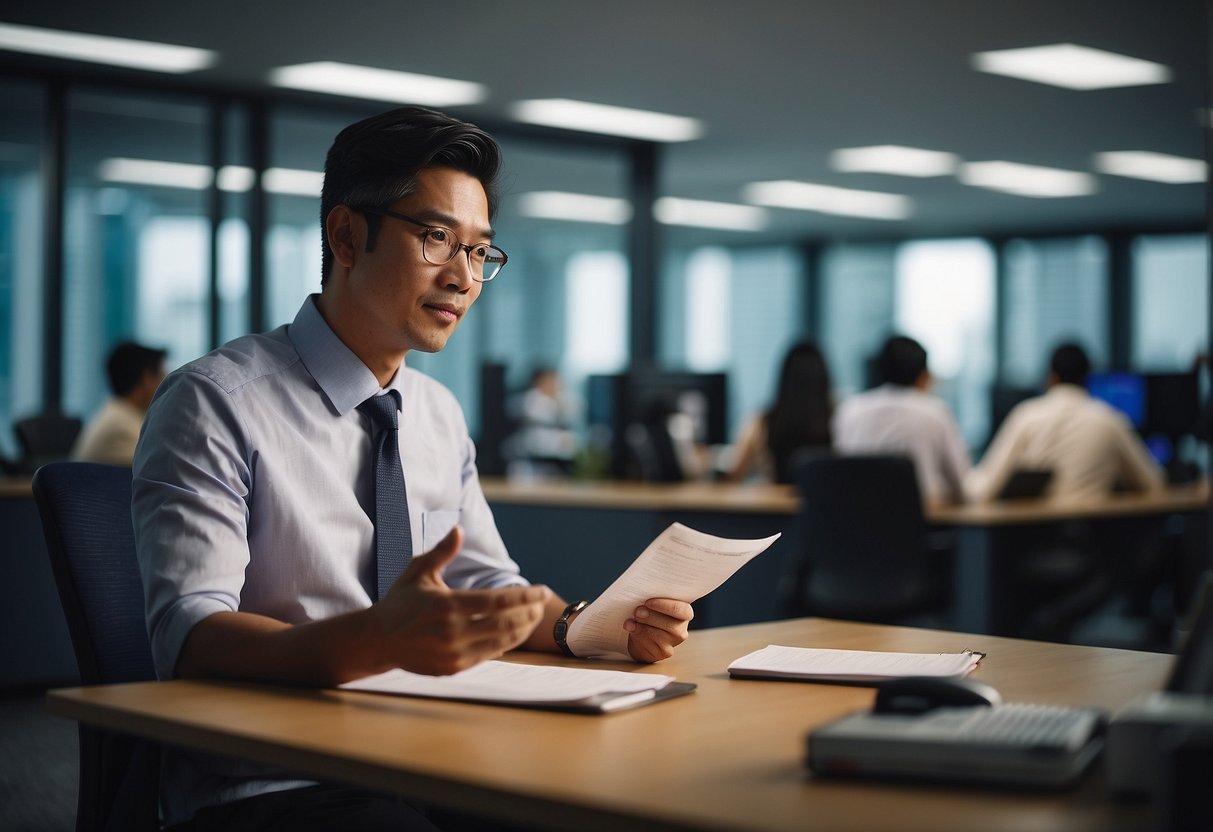 A debt collector in Singapore answering common questions from clients in an office setting