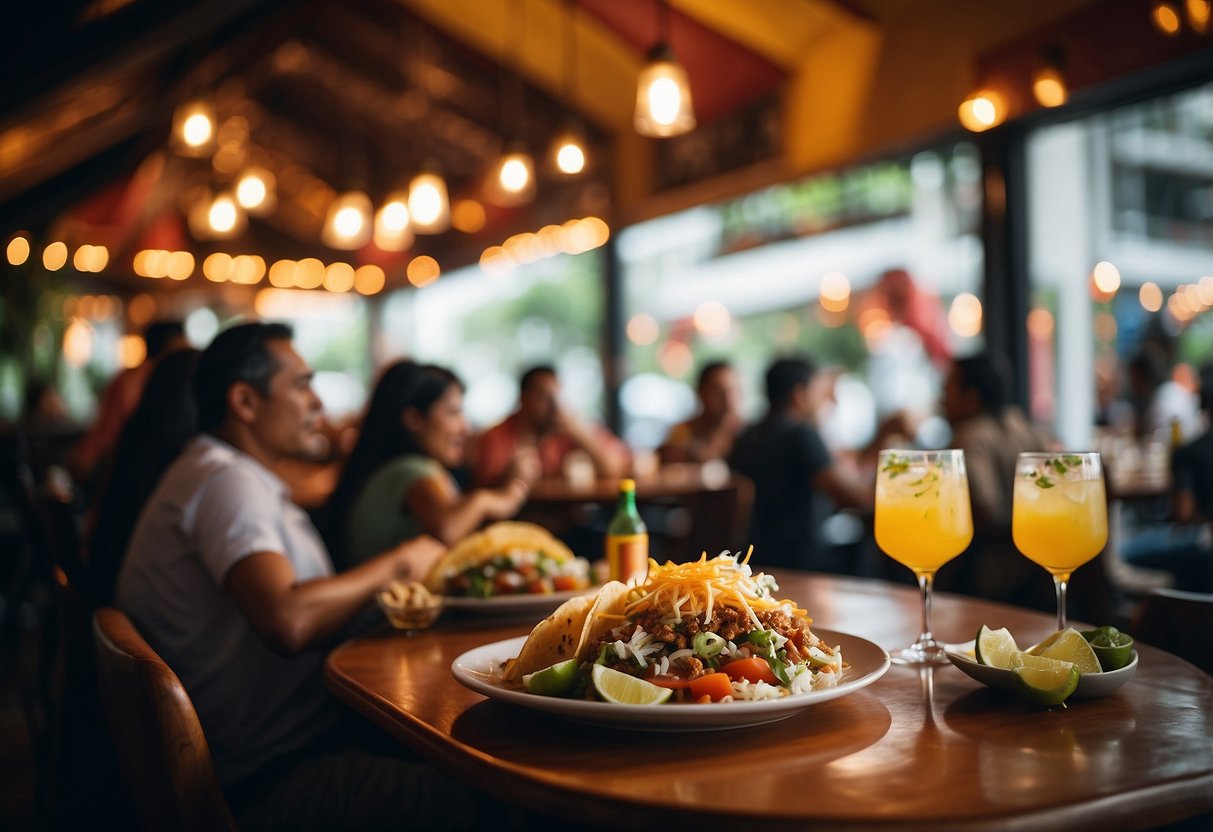 Customers enjoying vibrant decor, savoring tacos and margaritas at a bustling Mexican eatery in Singapore. Mariachi music fills the air