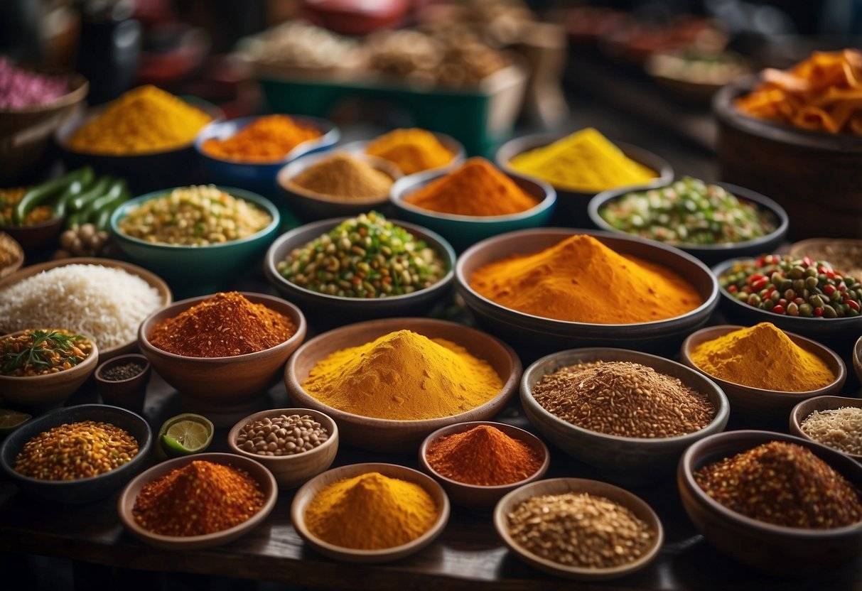 A vibrant market stall displays Mexican and Singaporean foods, with colorful spices and ingredients on a table. The aroma of sizzling meats and spices fills the air