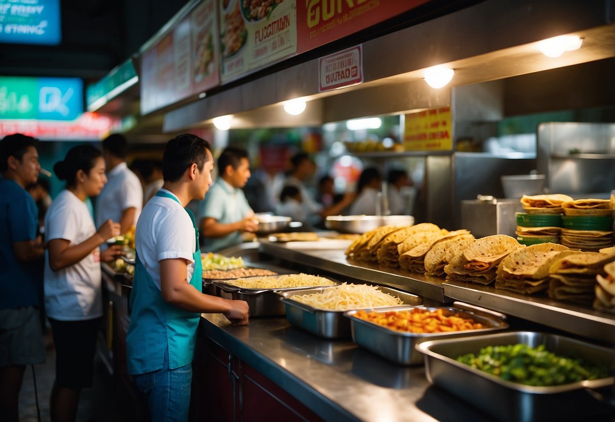 A colorful and bustling Mexican food stall in Singapore, with customers lining up to order and a chef preparing delicious tacos and burritos