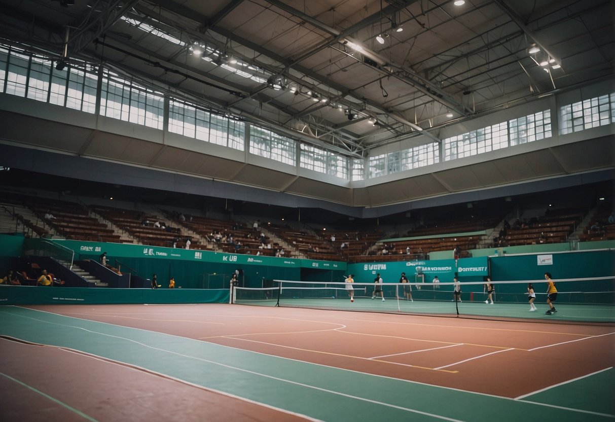 The Singapore Badminton Hall is a spacious and well-lit facility, with multiple courts and seating areas. Located in a bustling urban area, the hall is surrounded by modern buildings and greenery