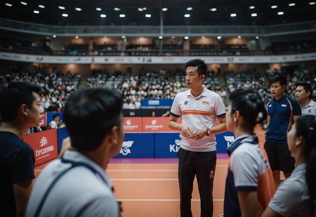 Players gather at the Singapore badminton hall, asking questions and seeking guidance. The atmosphere is lively, with the sound of shuttlecocks being hit back and forth