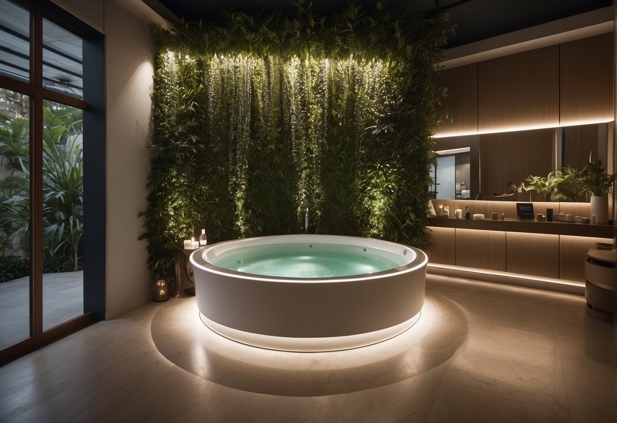 Elemis Singapore: A serene spa setting with lush greenery, modern decor, and soothing lighting. A tranquil atmosphere with luxurious skincare products on display