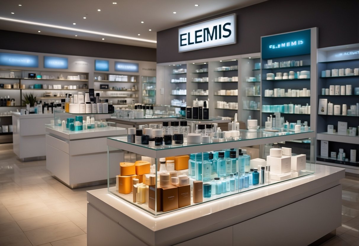 Customers browse elemis products in a well-lit, spacious store. Promotional signs highlight special offers on skincare items