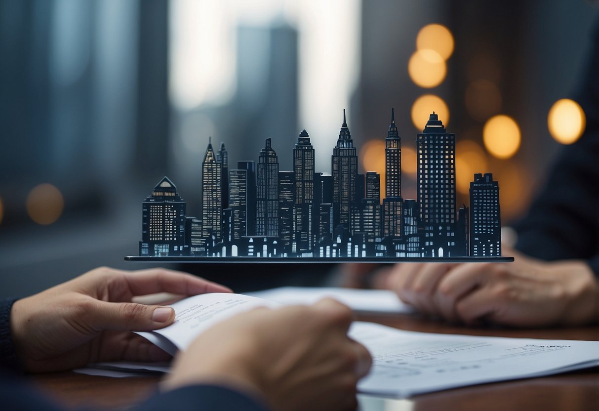 A modern city skyline with iconic landmarks, a bank or financial institution building, and a person filling out paperwork for a personal loan
