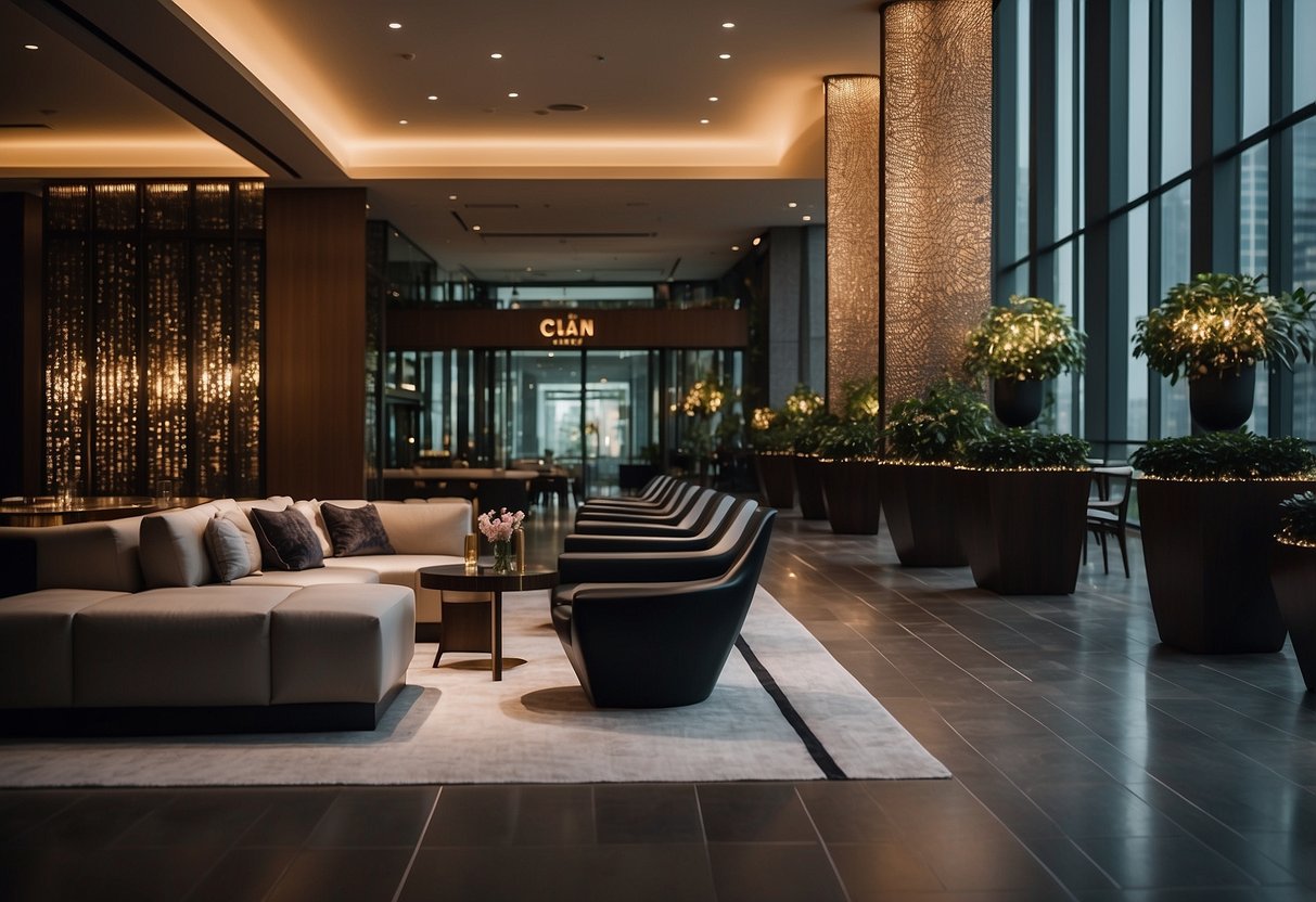 The Clan Hotel Singapore: A modern, luxurious lobby with sleek furniture, elegant decor, and soft ambient lighting