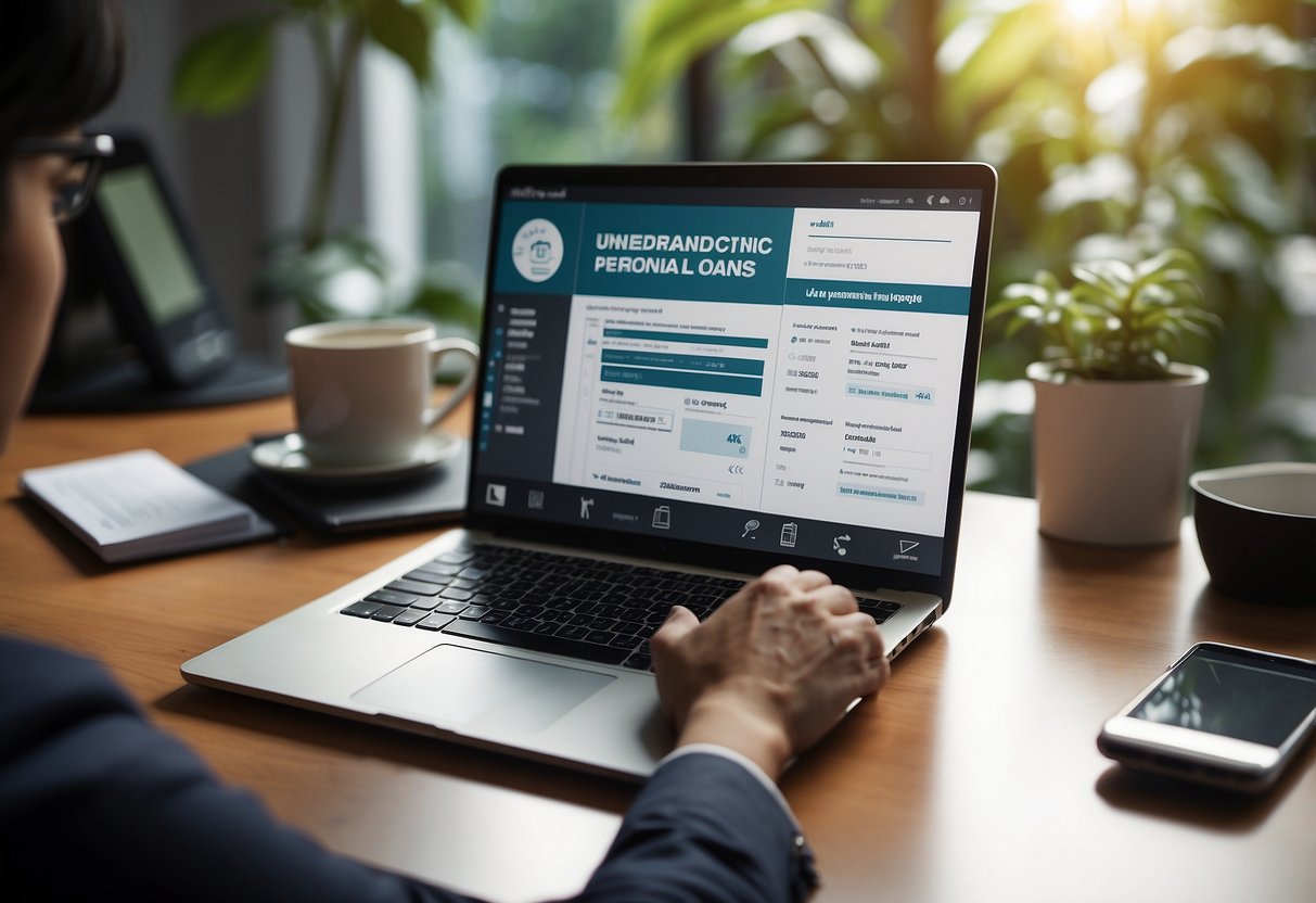 A person sitting at a desk, reading a document titled "Understanding Personal Loans in Singapore". A laptop and calculator are nearby