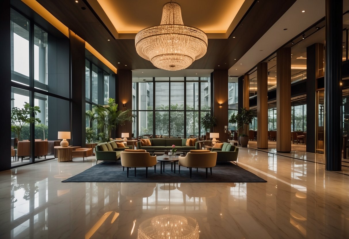 The lobby of The Clan Hotel Singapore features modern furnishings and elegant decor, with a grand chandelier hanging from the ceiling. The space is bathed in natural light, creating a warm and inviting atmosphere for guests