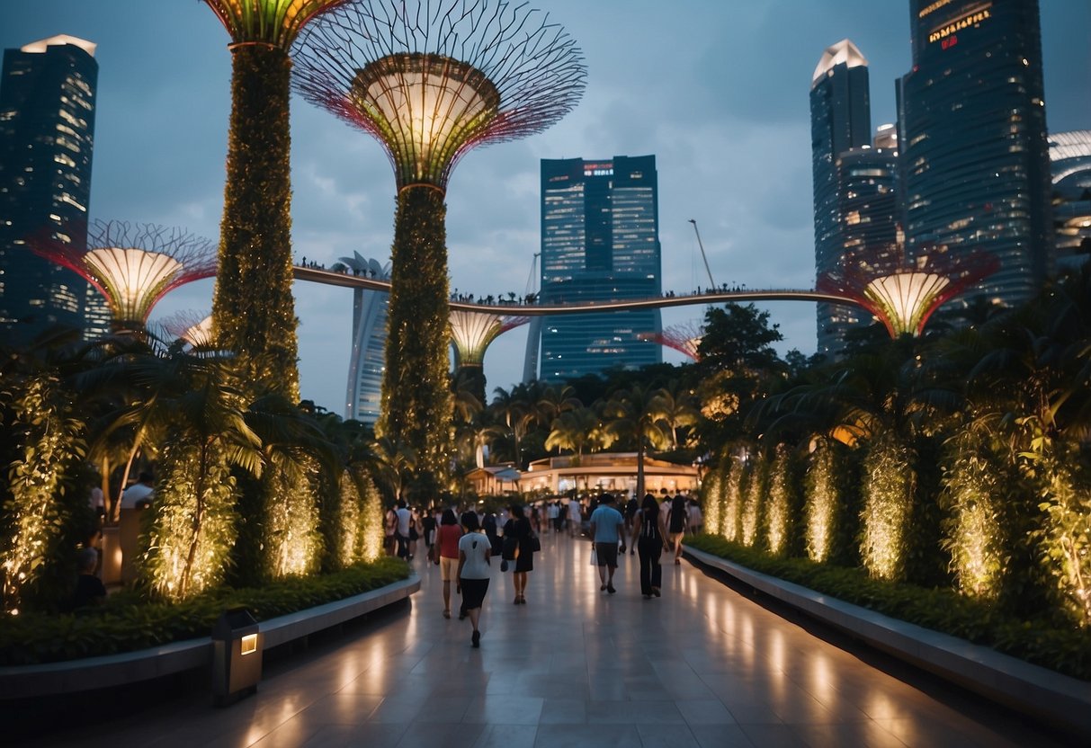 A bustling cityscape with iconic landmarks like the Marina Bay Sands, Gardens by the Bay, and bustling street markets