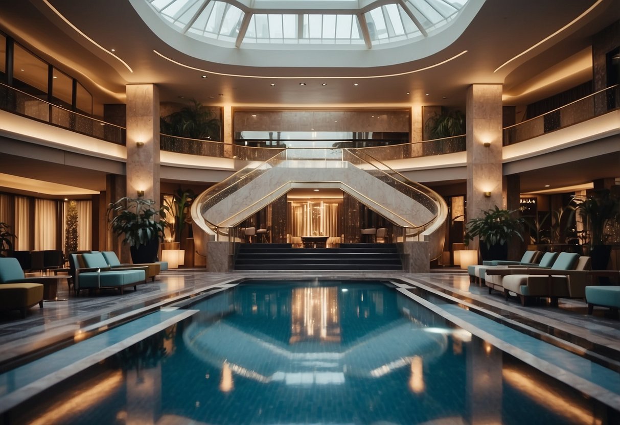 The scene depicts a luxurious hotel lobby with a grand staircase, modern furnishings, and a concierge desk. In the background, there is a pool area with loungers, umbrellas, and a bar