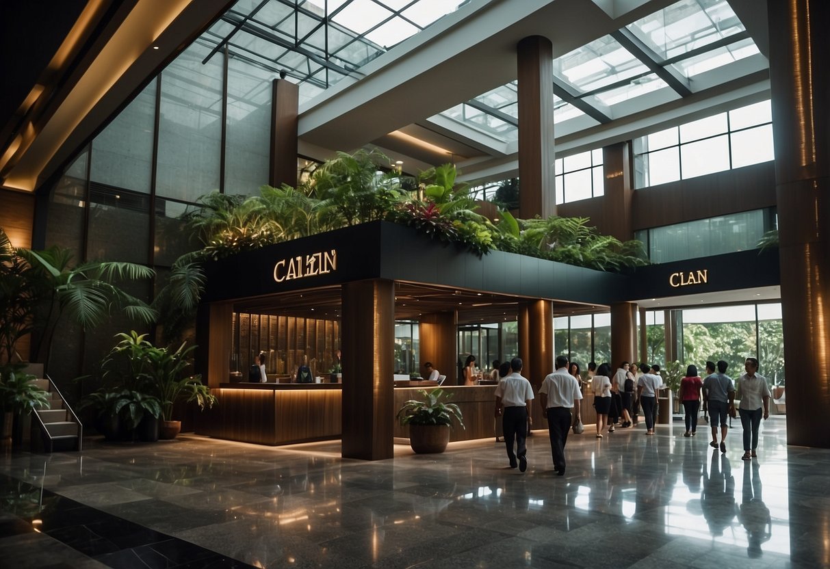 The lobby of The Clan Hotel, Singapore, bustling with guests seeking information from staff. A prominent FAQ sign catches the eye
