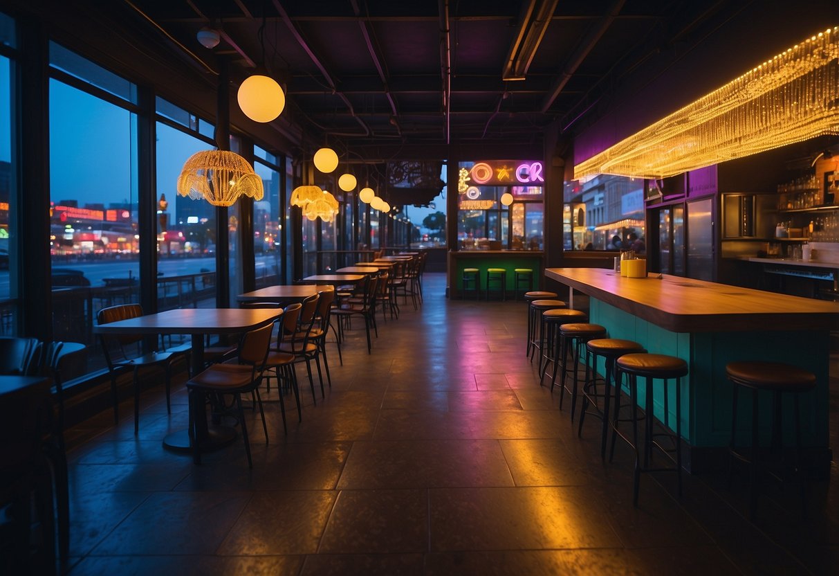 Vibrant cityscape with colorful storefronts, bustling outdoor dining areas, and lively nightclubs illuminated by neon lights