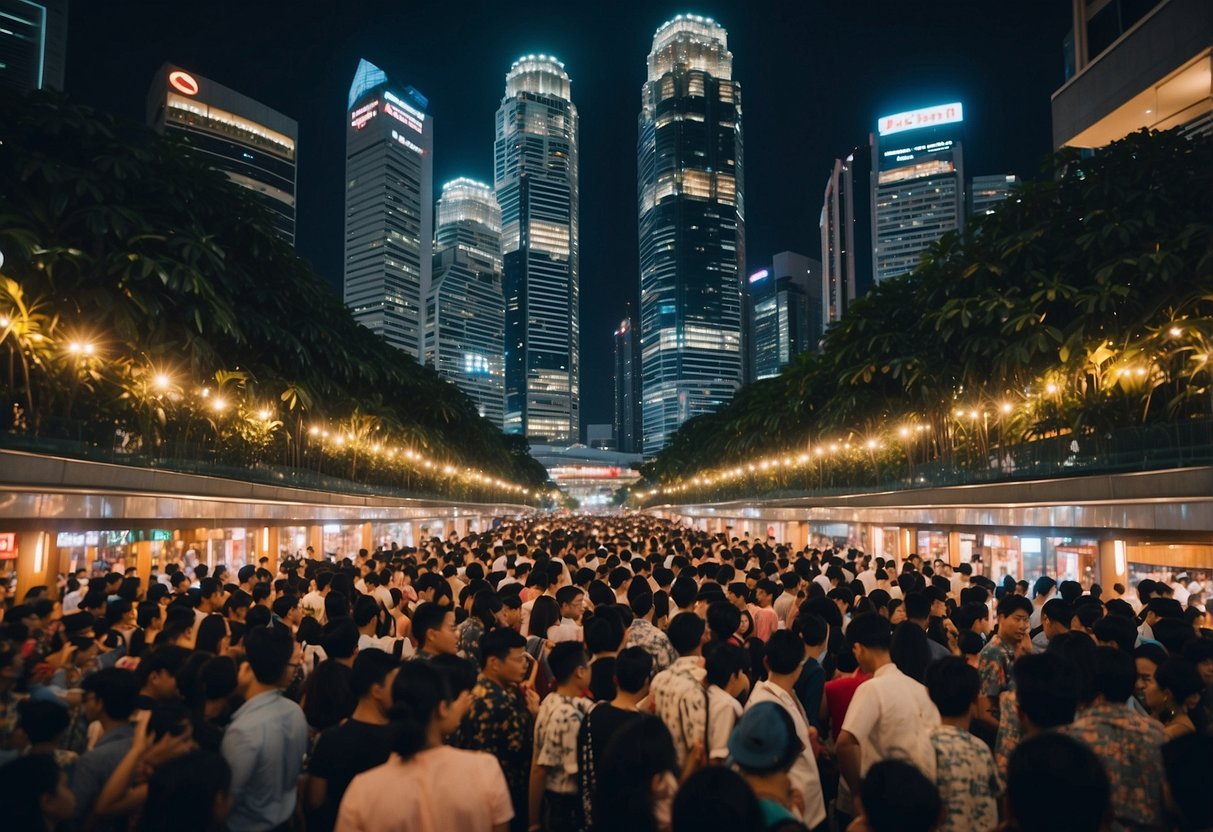 A bustling cityscape with vibrant lights, towering skyscrapers, and bustling streets filled with people and traffic, capturing the energetic and lively atmosphere of Singapore's euphoric city life