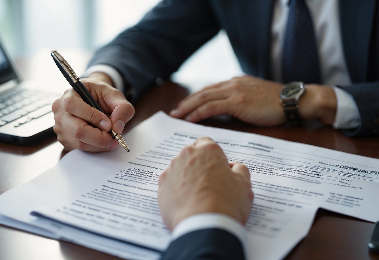 A person sitting at a desk filling out a loan application form with a pen, while a bank officer assists them