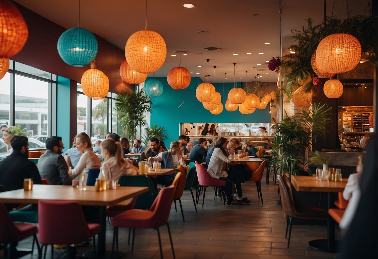 Customers entering a vibrant, modern restaurant with colorful decor and a bustling atmosphere. The aroma of delicious food fills the air, creating an inviting and lively scene