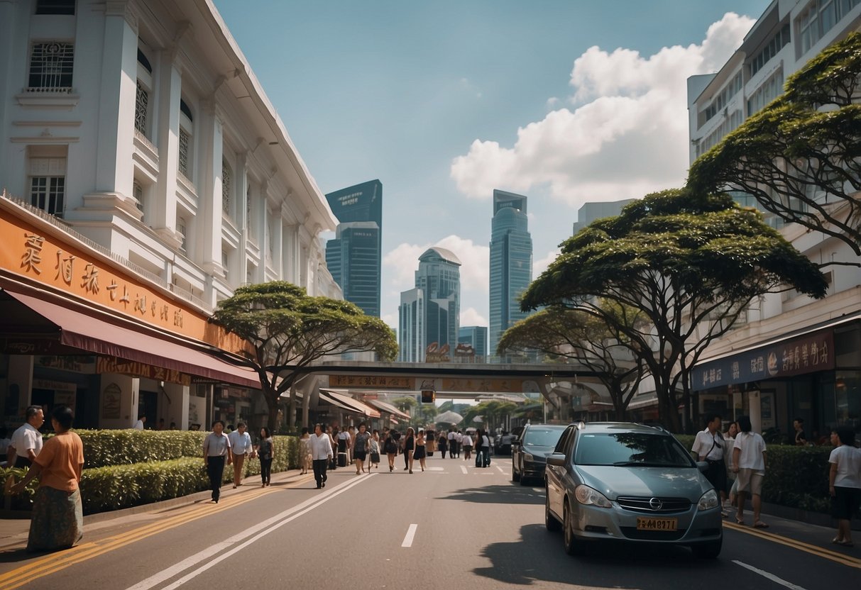 A bustling city street in Singapore with prominent landmarks and directional signs indicating popular tourist destinations
