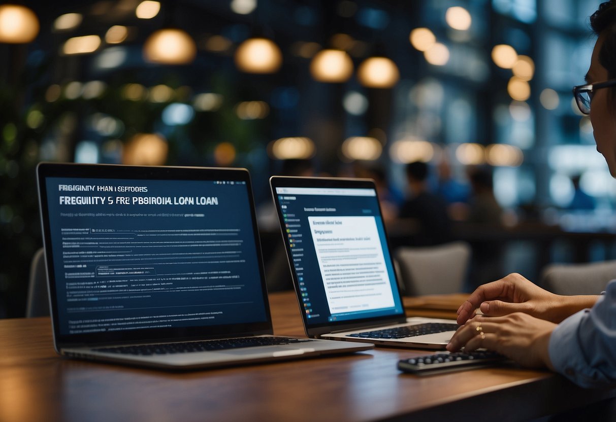 A person sitting at a desk, typing on a laptop with a sign in the background that reads "Frequently Asked Questions Singapore Personal Loan."