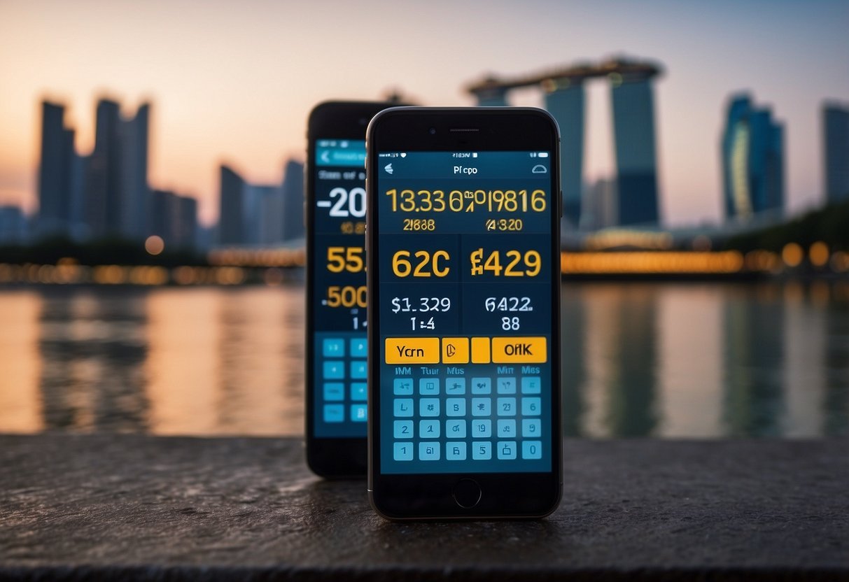 A smartphone screen displaying a fare calculator app with the Singapore city skyline in the background