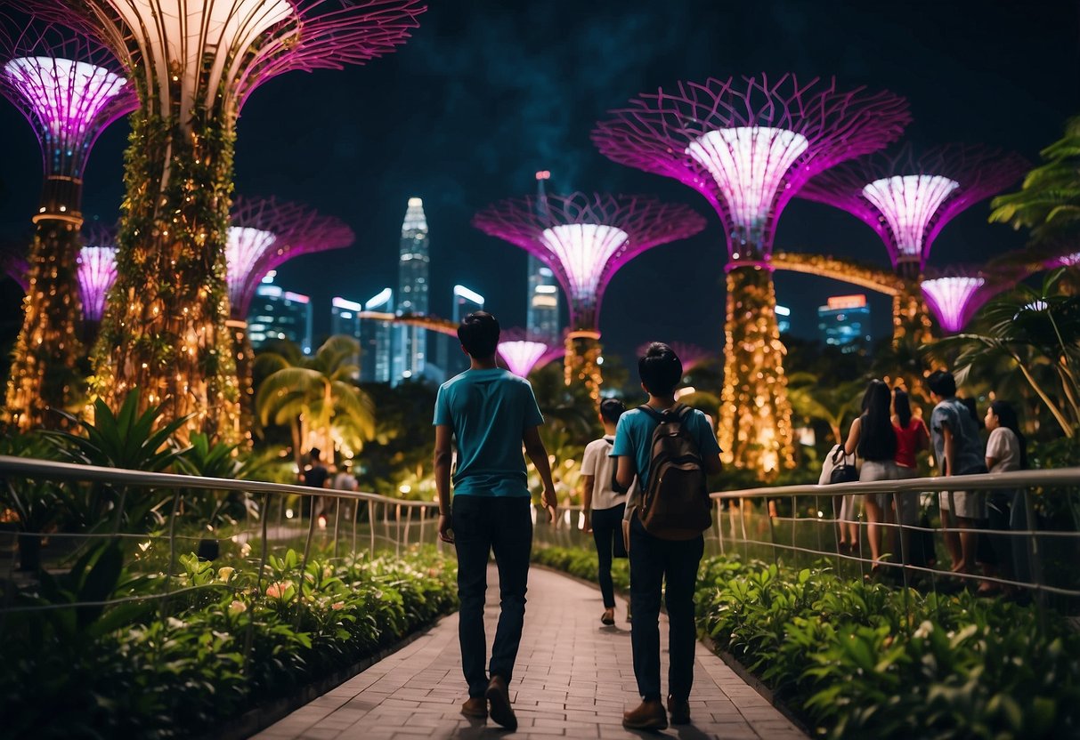 Visitors exploring Euphoria Singapore, admiring the vibrant gardens and futuristic architecture. The skyline glows with colorful lights as people plan their visit