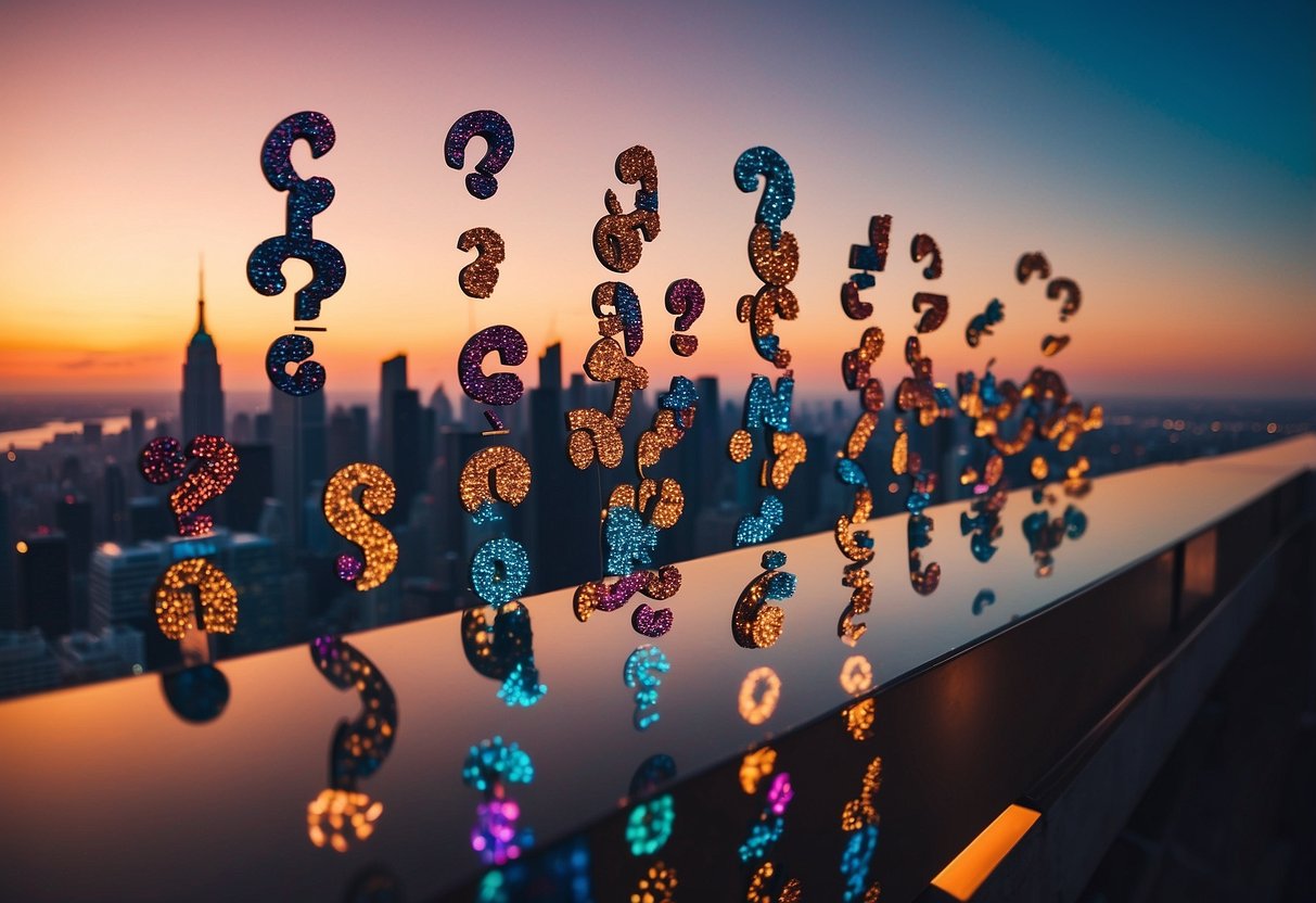 A stack of colorful question marks floating above a city skyline at sunset