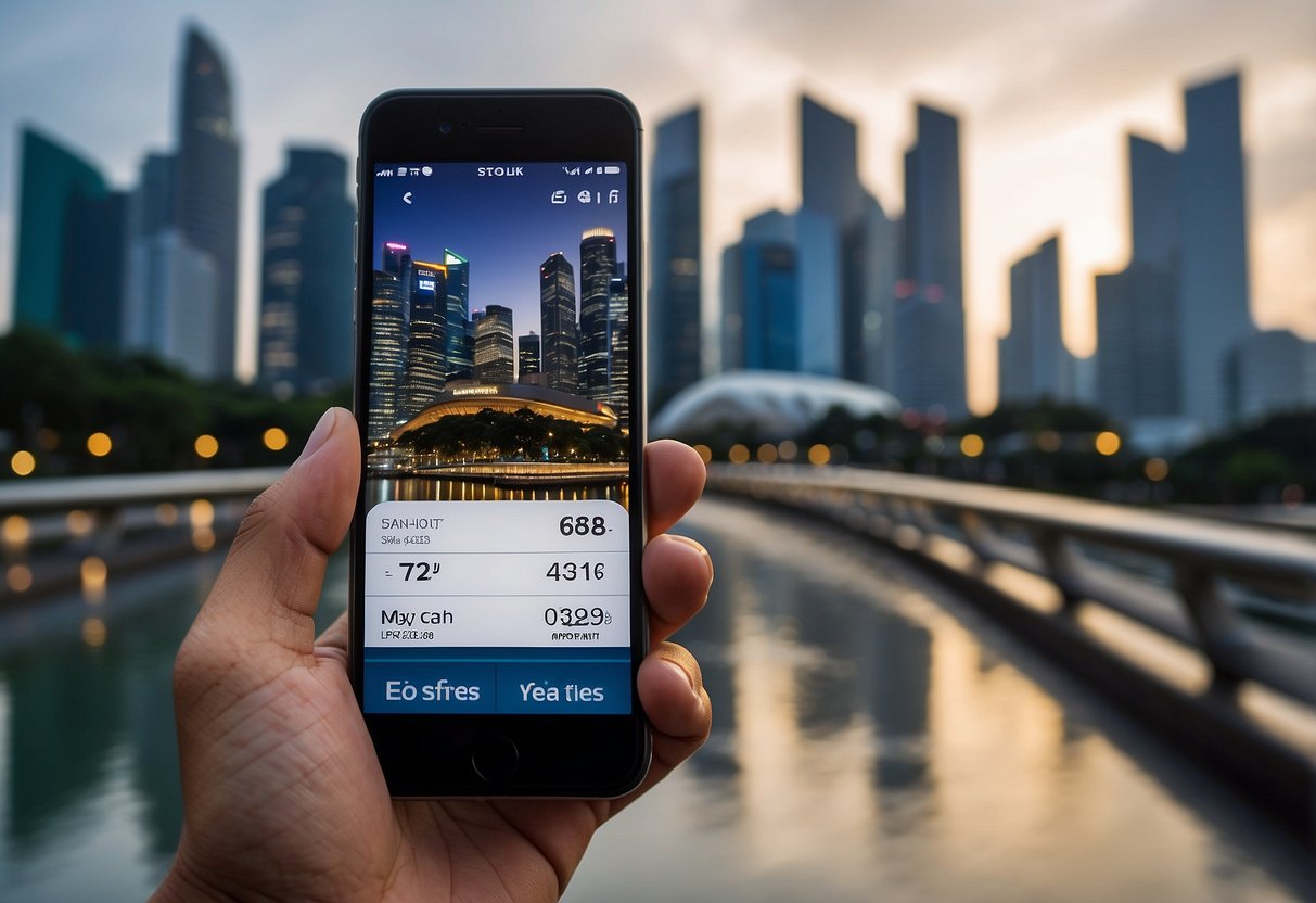 A smartphone displaying a fare calculator app with the Singapore skyline in the background, showcasing the ease and convenience of navigating the city's transportation system