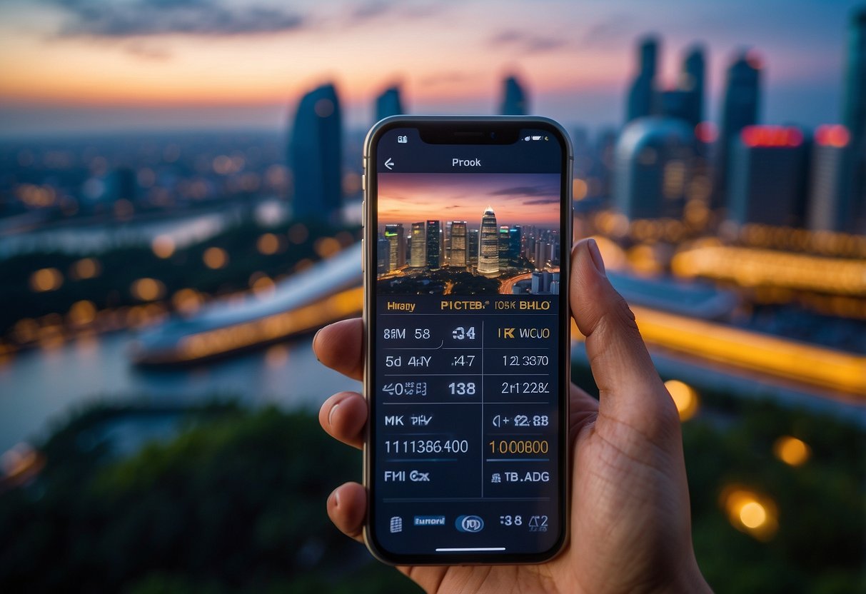 A smartphone displaying a fare calculator app with the Singapore skyline in the background