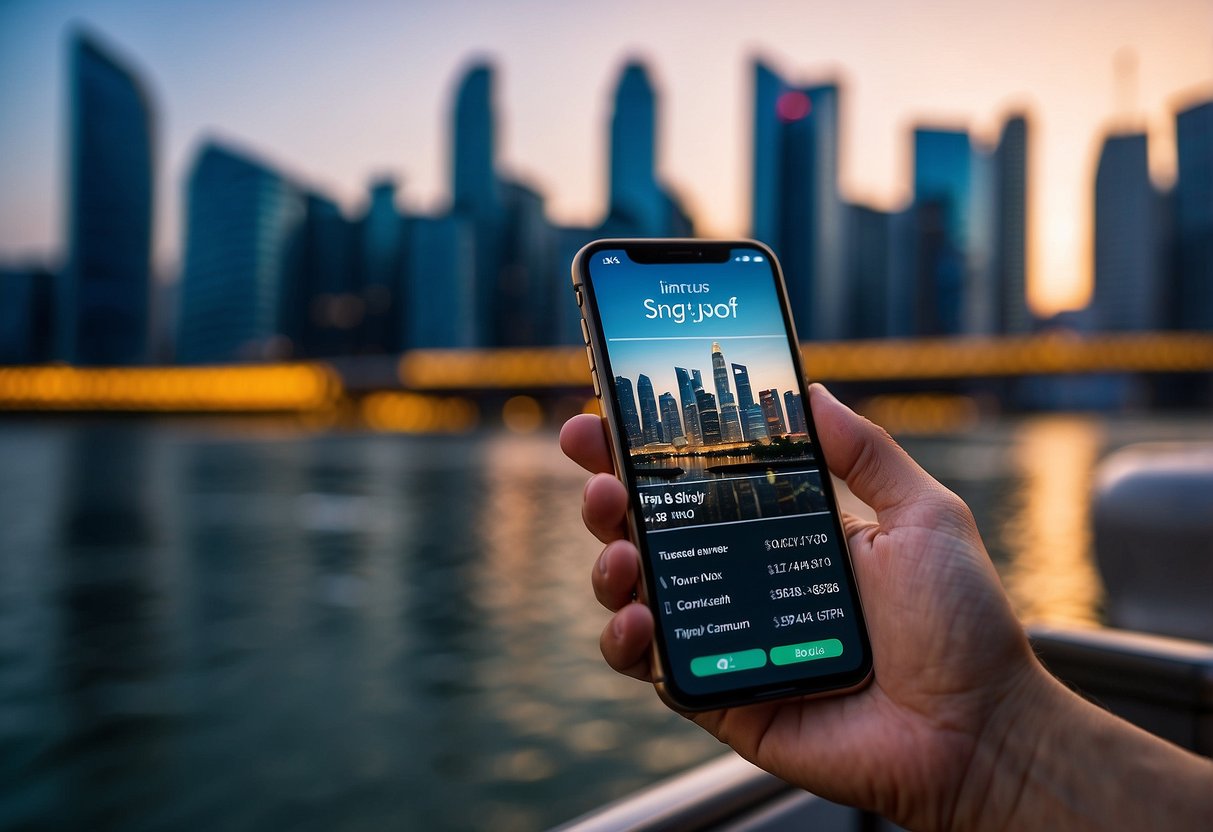 A smartphone displaying a fare calculator app with the Singapore city skyline in the background