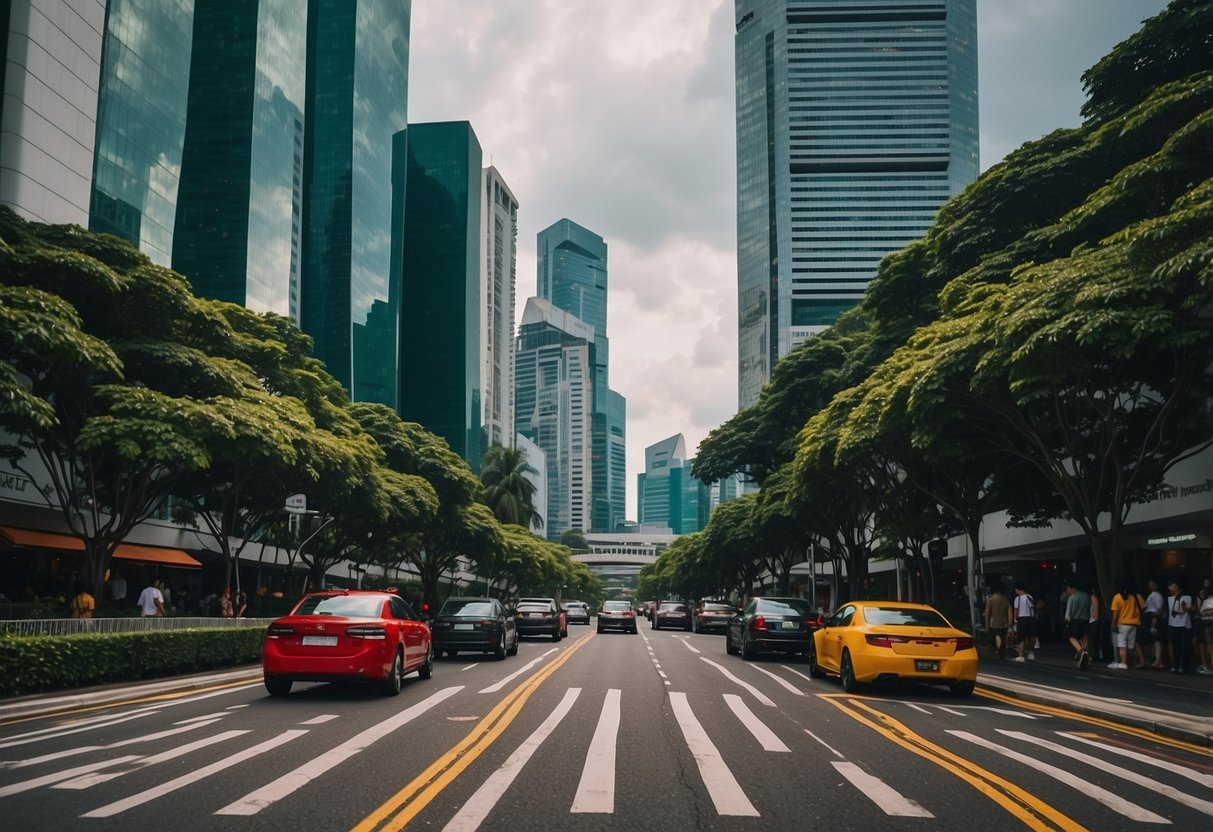 The bustling streets of Singapore, with colorful shopfronts and towering skyscrapers, surrounded by lush greenery and a vibrant cityscape