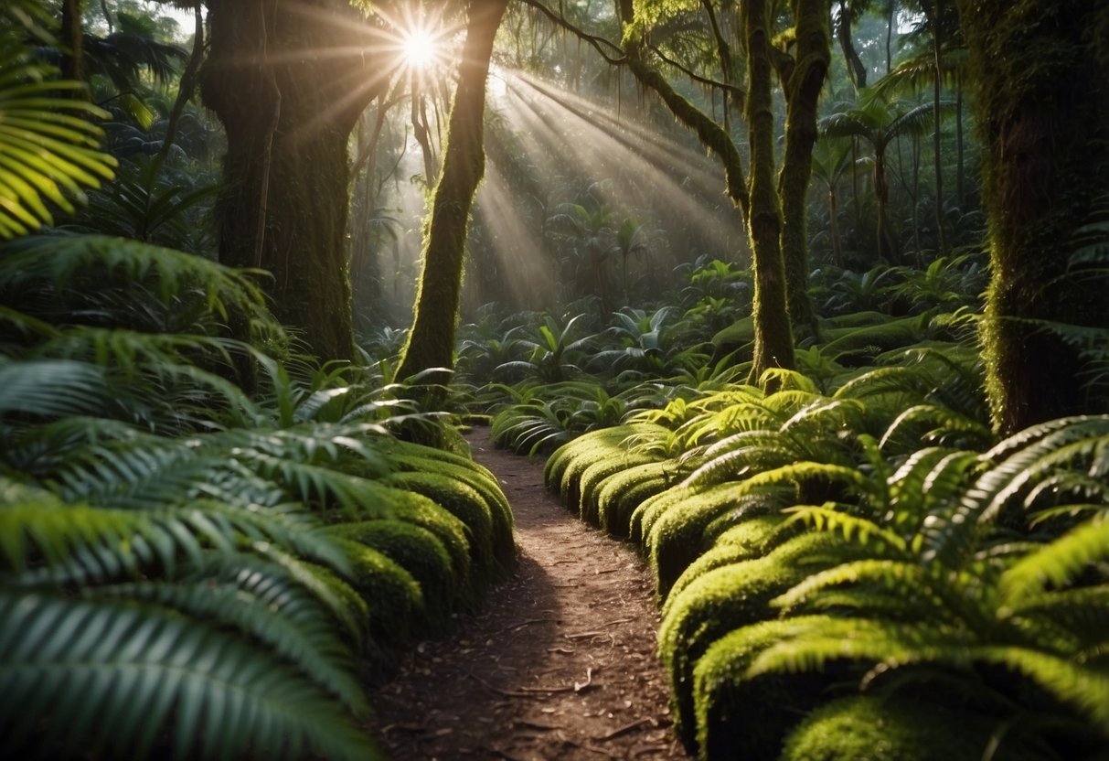 A lush, tropical forest with winding trails and vibrant flora. The sun filters through the dense canopy, casting dappled light on the moss-covered ground