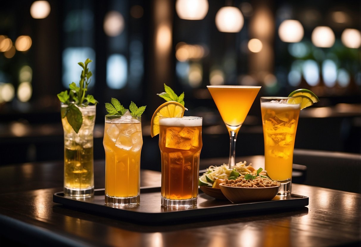 A table with various drinks in Singapore, including cocktails, beer, and local beverages