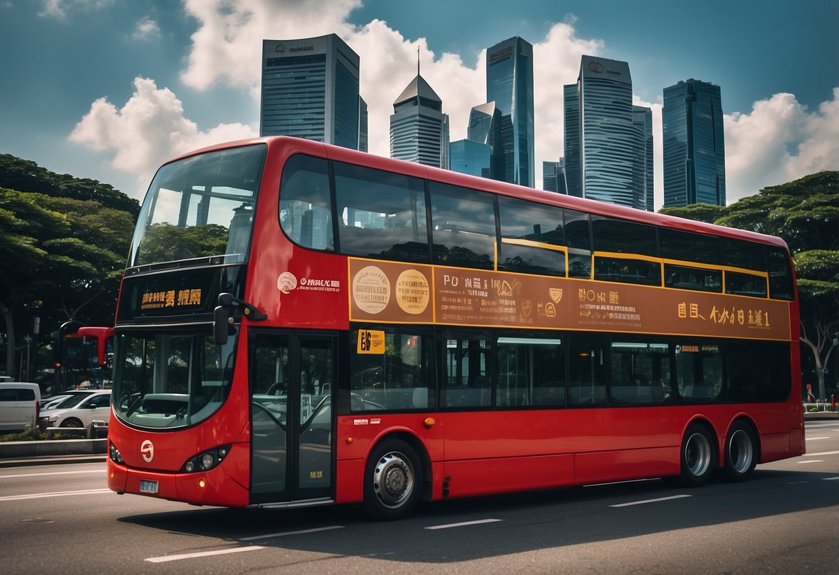 A double-decker bus drives past iconic Singapore landmarks, with a bustling cityscape in the background