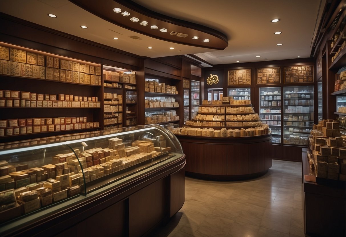 A bustling Eu Yan Sang store in Singapore, with shelves of traditional Chinese herbs and remedies, customers browsing, and a serene, welcoming atmosphere