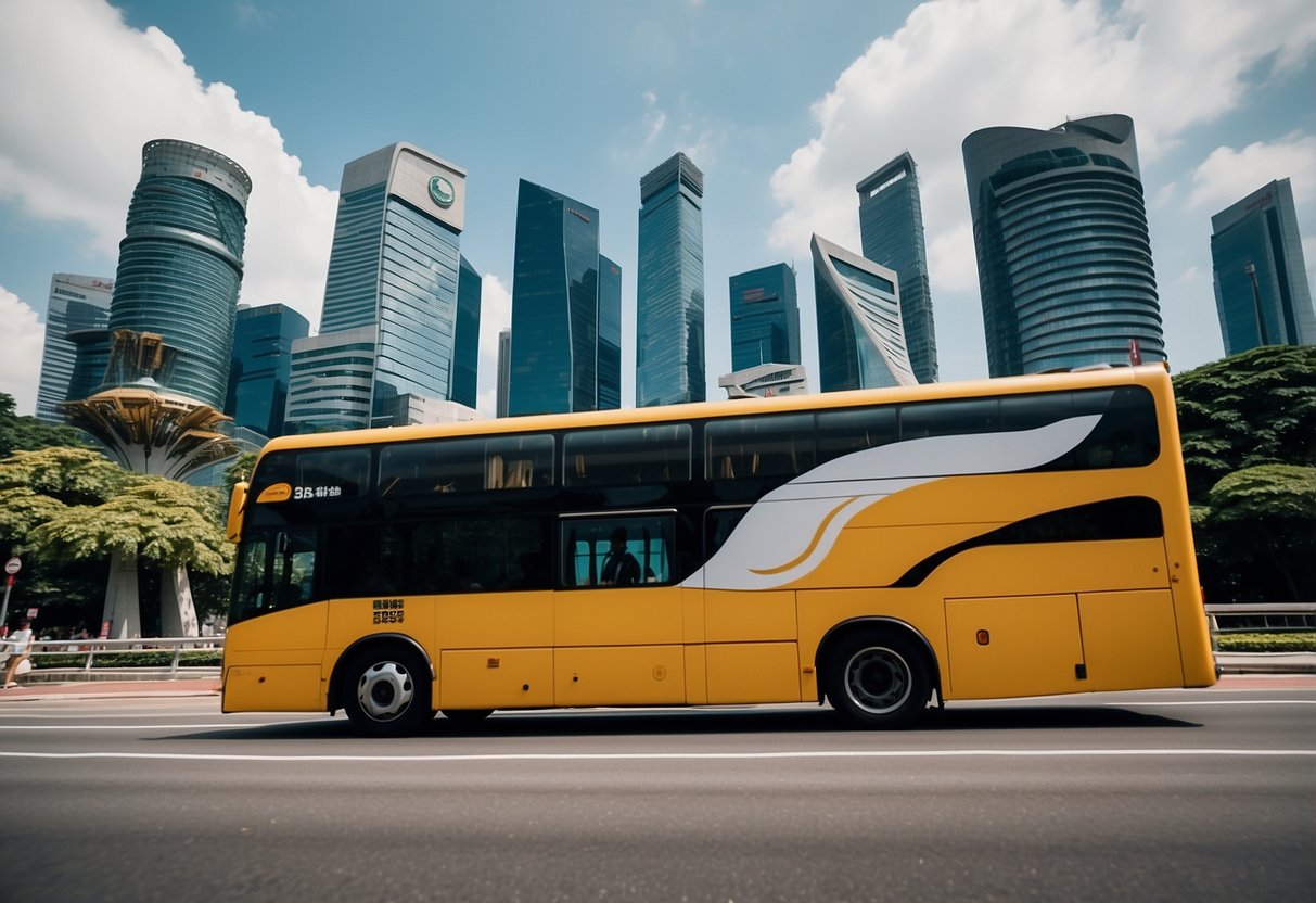 A double-decker bus winds through Singapore's bustling streets, passing by iconic landmarks such as the Marina Bay Sands, Gardens by the Bay, and the Merlion statue. The city skyline looms in the background