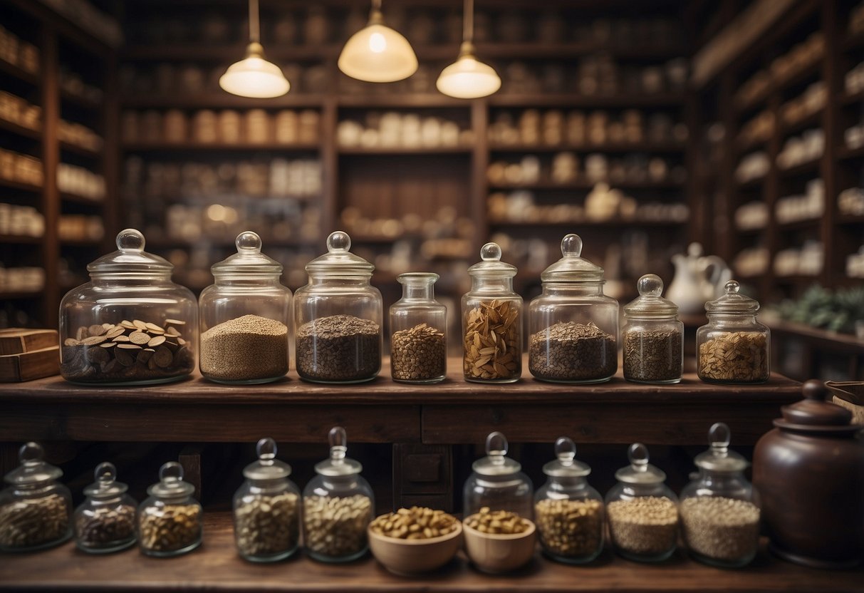 A traditional Chinese medicine shop with ancient herbs, scales, and apothecary jars, surrounded by historical artifacts and documents