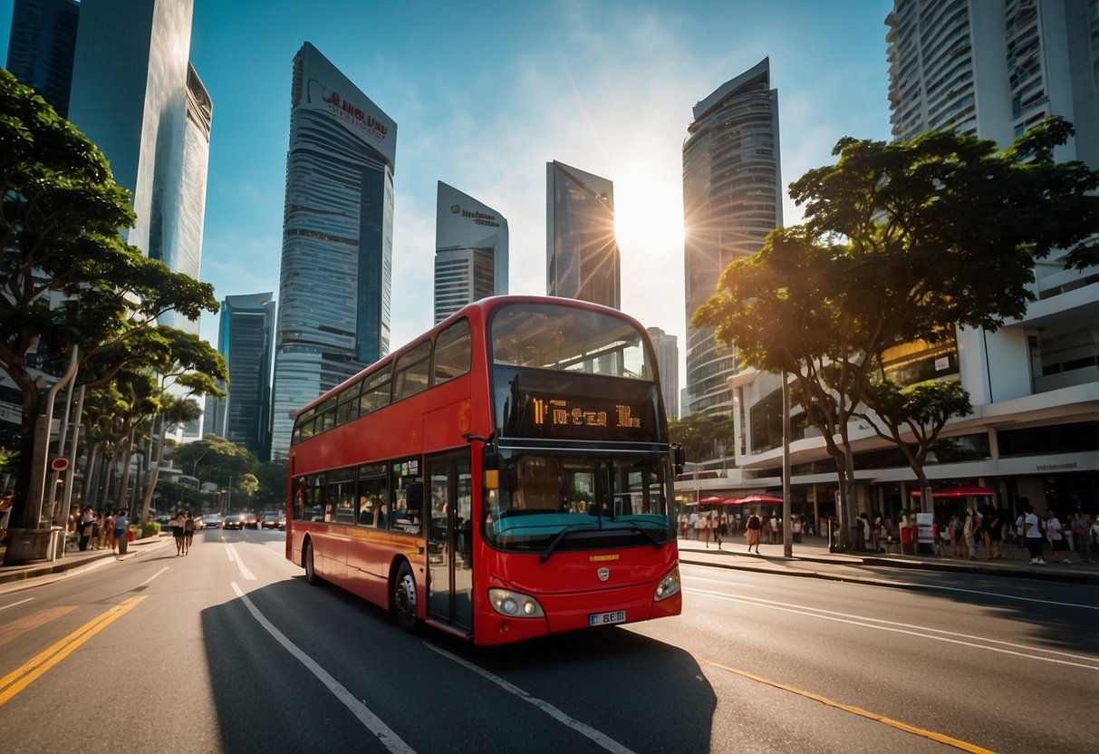 A big red bus drives through the bustling streets of Singapore, passing by iconic landmarks and vibrant neighborhoods. The sun shines brightly in the clear blue sky, casting a warm glow over the cityscape