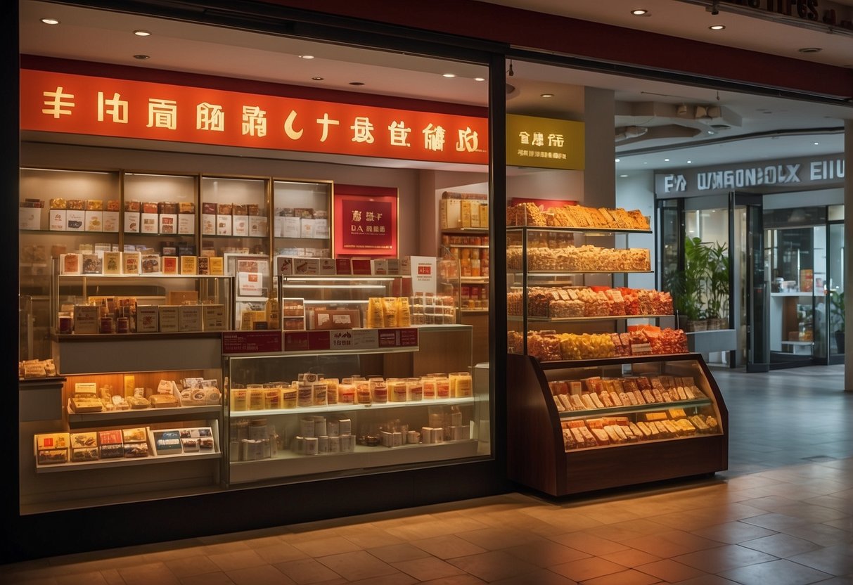A bright and welcoming storefront displays a variety of Eu Yan Sang products, with a sign advertising their services in Singapore