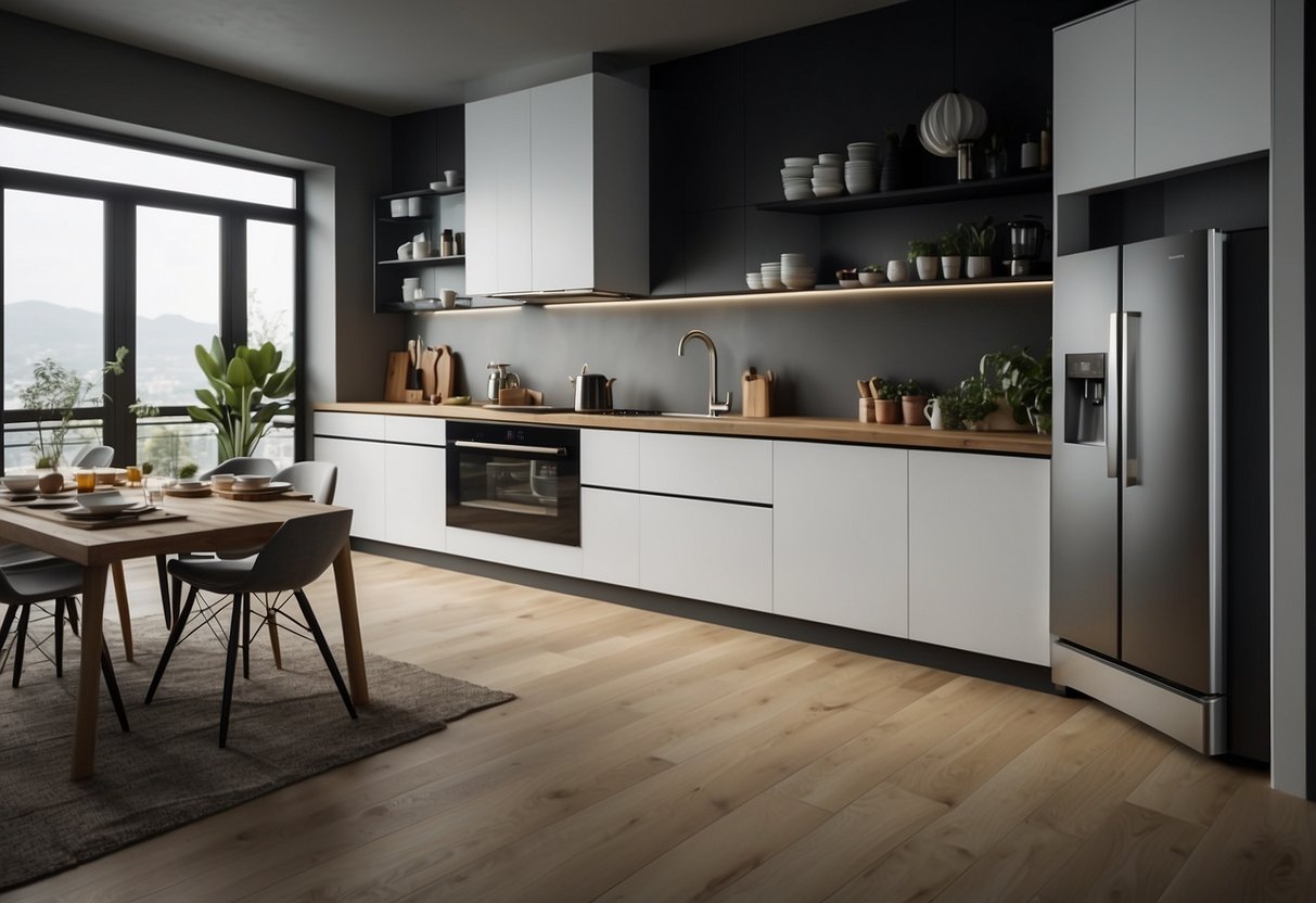 A modern kitchen with Fotile appliances, sleek design, and ambient lighting
